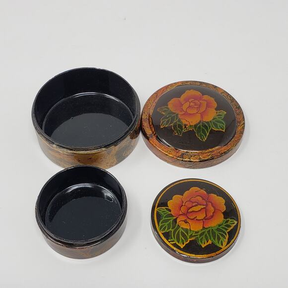 Home Master 2 Piece Hand Painted Lacquer Nesting Round Jewelry Box - Picture 4 of 8